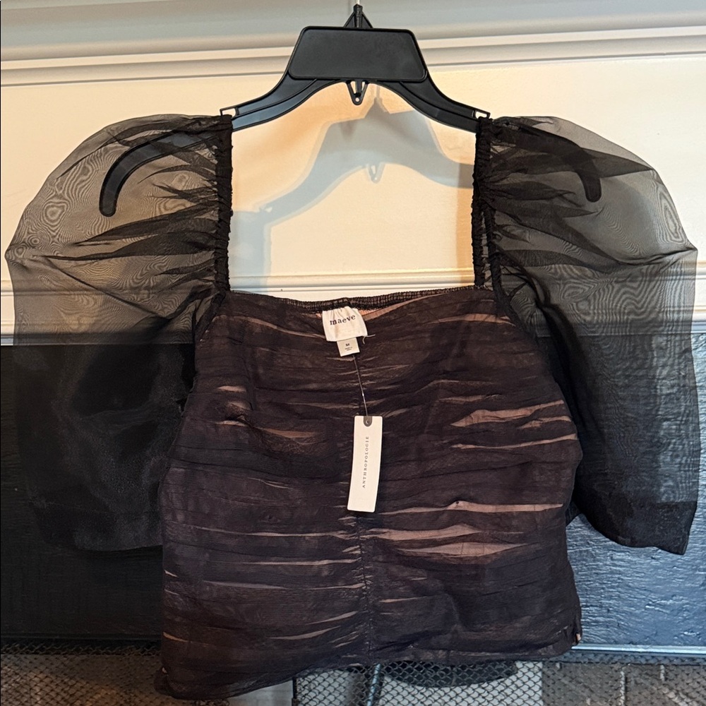 NWT Maeve Puff Sleeve Tulle Black Top Size M